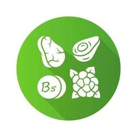 Vitamin B5 green flat design long shadow glyph icon. Meat, avocado and cauliflower. Healthy eating. Pantothenic acid natural food source. Minerals, antioxidants. Vector silhouette illustration