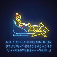 Dog sledding neon light icon. Winter extreme sport, risky activity and adventure. Cold season outdoor leisure. Person dogsledding. Glowing sign with alphabet. Vector isolated illustration