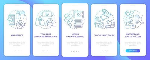 First aid kit blue gradient onboarding mobile app screen. Survive at war walkthrough 5 steps graphic instructions pages with linear concepts. UI, UX, GUI template. vector