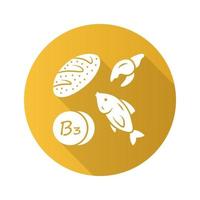 Vitamin B3 yellow flat design long shadow glyph icon. Bread, fish and seafood. Nicotinic acid. Vitamin PP, niacin natural food source. Minerals and antioxidants. Vector silhouette illustration
