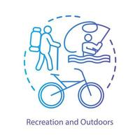Recreation, outdoor activities concept icon. Active rest, hiking, riding bicycle idea thin line illustration. Lake tourism, river vacation, fishing. Vector isolated outline drawing. Editable stroke..
