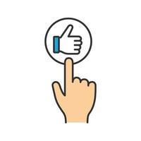 Like button click color icon. Thumbs up. Hand pushing button. Isolated vector illustration