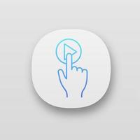 Play button click app icon. UI UX user interface. Start, launch. Media player. Hand pushing button. Web or mobile application. Vector isolated illustration