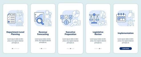 Budgeting process light blue onboarding mobile app screen. Walkthrough 5 steps graphic instructions pages with linear concepts. UI, UX, GUI template. vector