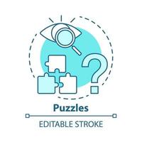 Puzzles concept icon. Quest game idea thin line illustration. Looking for answer, clues. Jigsaw parts. Solving problem, searching solution. Vector isolated outline drawing. Editable stroke .