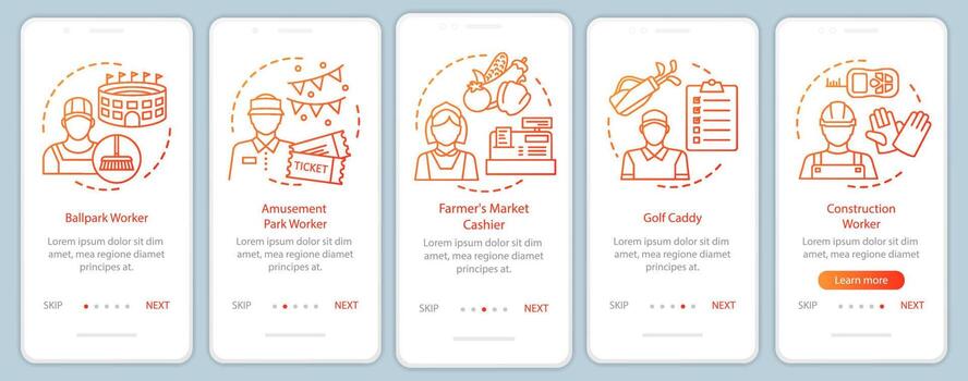 Summer part-time jobs orange onboarding mobile app page screen vector template. Cashier, caddy. Walkthrough website steps with linear illustrations. UX, UI, GUI smartphone interface concept