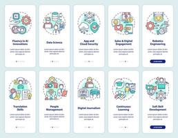 Digital skills and career development onboarding mobile app screen set. Walkthrough 5 steps graphic instructions pages with linear concepts. UI, UX, GUI template. vector