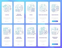 Pack emergency go bag blue gradient onboarding mobile app screen set. Walkthrough 5 steps graphic instructions pages with linear concepts. UI, UX, GUI template. vector