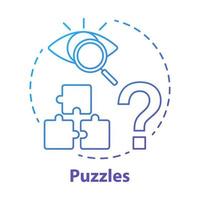 Puzzles blue gradient concept icon. Quest game idea thin line illustration. Looking for answer, clues. Jigsaw parts. Solving problem, searching solution. Vector isolated outline drawing