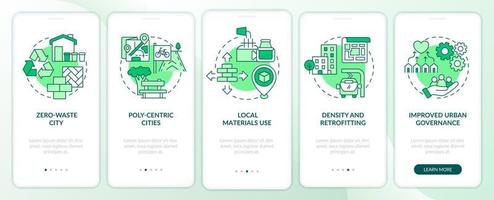 Urban development principles green onboarding mobile app screen. Walkthrough 5 steps graphic instructions pages with linear concepts. UI, UX, GUI template. vector