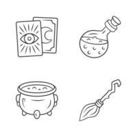 Magic linear icons set. Tarot cards, potion, witch cauldron and broomstick. Witchcraft and sorcery Halloween items. Thin line contour symbols. Isolated vector outline illustrations. Editable stroke