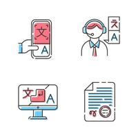 Translation color icons set. Human interpretation, apostilles and document legalization. Online dictionary mobile application. Instant translator desktop app. Isolated vector illustrations