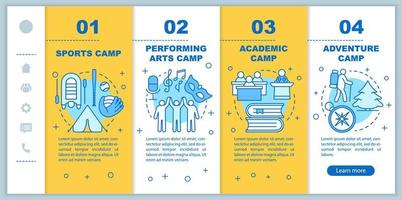 hobby, campamentos de talentos incorporando plantillas vectoriales de páginas web móviles. idea de interfaz de sitio web de teléfono inteligente sensible con ilustraciones lineales. pantallas de pasos del tutorial de la página web. concepto de color vector