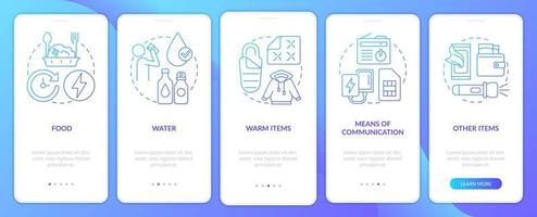 Supplies to survive blue gradient onboarding mobile app screen. War walkthrough 5 steps graphic instructions pages with linear concepts. UI, UX, GUI template. vector