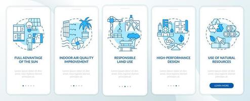 Eco-friendly architecture principles blue onboarding mobile app screen. Walkthrough 5 steps graphic instructions pages with linear concepts. UI, UX, GUI template. vector