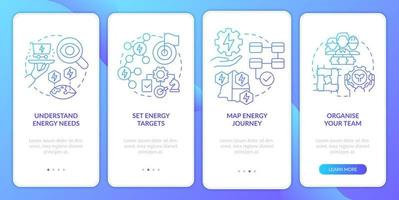 Energy management process blue gradient onboarding mobile app screen. Walkthrough 4 steps graphic instructions pages with linear concepts. UI, UX, GUI template. vector