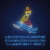 Sledding neon light icon. Winter extreme sport, risky activity and adventure. Sleigh riding. Person sledging. Glowing sign with alphabet, numbers and symbols. Vector isolated illustration