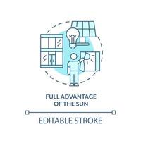 Full advantage of sun turquoise concept icon. Sustainable architecture principle abstract idea thin line illustration. Isolated outline drawing. Editable stroke. vector