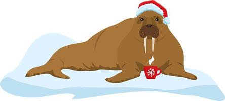 la morsa navideña con gorra y con un caramelo en la boca está y disfruta en la víspera de año nuevo y espera sus regalos para las vacaciones de invierno vector