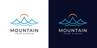 diseño de logotipo de montaña con puesta de sol vector