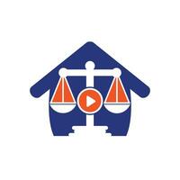 Creative play media law firm vector logo design. Scales and record with home symbol or icon.