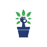 Ecological garden vector logo design. Hand tree with flower pot icon design.
