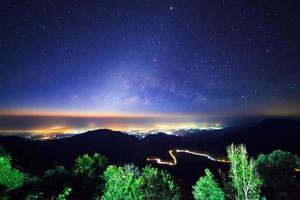 Starry night sky at Monson viewpoint Doi AngKhang and milky way galaxy with stars and space dust in the universe photo