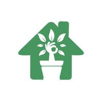 diseño de logotipo de vector de casa de jardín ecológico. árbol de mano con diseño de icono de maceta.