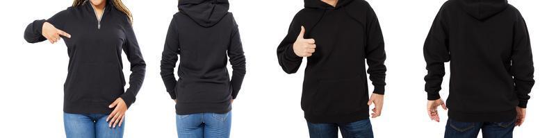 female and male hoodie mock up isolated - hood set front and back view, girl and man in empty black pullover photo