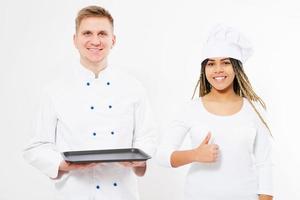 smule black woman and white man cooks hold an empty tray and show like photo