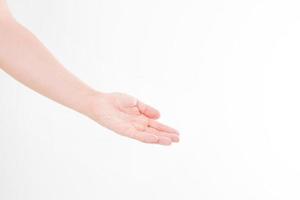 Open man hand hold something, isolated on white, man's palm making gesture while showing small amount of something on white isolated background, side view, close-up, cutout, copy space, photo