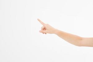 finger point isolated white background. caucasian hand. Mock up. Copy space. Template. Blank. photo