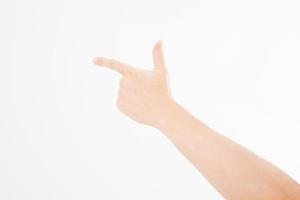 Closeup male hand pointing. Isolated on white background. caucasian hand. Mock up. Copy space. Template. Blank. photo