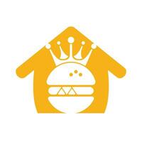 Burger king vector logo design. Burger with crown and mustache with home shape icon logo concept.