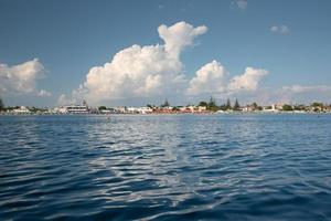 Landscape shot of the Mediterranean Sea and the water in the foreground. On the horizon a coast with the beach and many umbrellas. Above is the blue sky with white clouds reflected in the water. photo