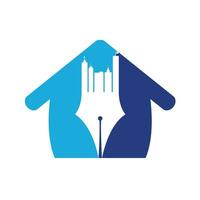 Creative concept with pen and city skyline logo design. Commercial buildings construction symbol. vector