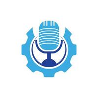 Gear podcast vector logo design template. Cog wheel and mic icon design.