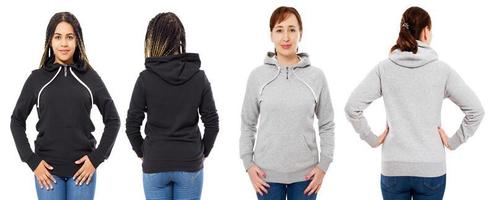 front and back view - female girl woman in grey black hoodie isolated on white background photo