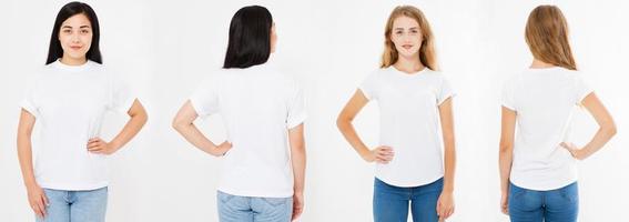 front back views of two women,girls with blank t-shirt isolated on white background, set caucasian and asian woman tshirt photo