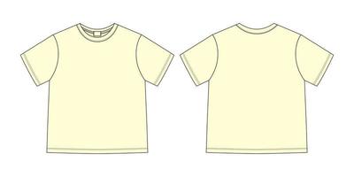 Apparel technical sketch unisex t shirt. Light yellow color. T-shirt design template. Front and back views. vector