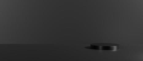 3D render of Cylinder podium with Black color on dark background.platform for product presentation minimal style. empty dark. Black pedestal for banner. photo