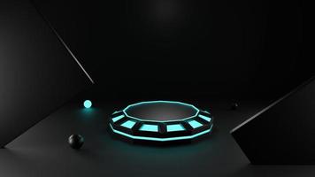 3D render of podium with blue neon lights on dark background.Sci-Fi Futuristic Podium, Futuristic blue Glowing Empty Showcase.neon light display with blank backdrops. photo