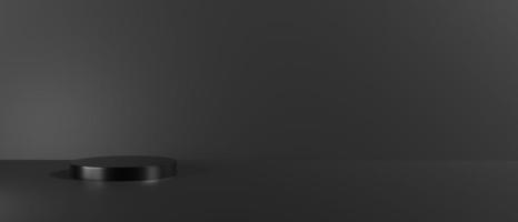 3D render of Cylinder podium with Black color on dark background.platform for product presentation minimal style. empty dark. Black pedestal for banner. photo