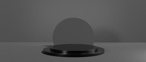 3D render of Cylinder podium with Black color on dark background.platform for product presentation minimal style. empty dark. Black pedestal for banner. photo