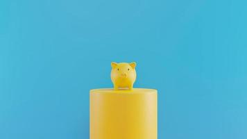 Yellow Piggy Bank on a podium with blue background. 3D rendering. savings money concept. Yellow Piggy Bank and saving idea. Blue background. photo