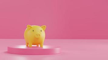 Yellow Piggy Bank on Pink podium on Pink background. 3D rendering. savings money concept. Yellow Piggy Bank and saving idea. Pink background. photo