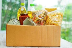 Foodstuffs in donation box for volunteer. photo