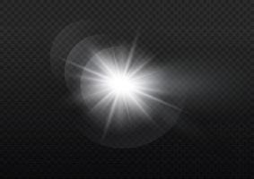 efecto de luz de destello de lente especial de luz solar vectorial. destello de sol de lente frontal. desenfoque vectorial en luz radiante. elemento de decoración haces de estrella horizontales y proyector. estrella vector