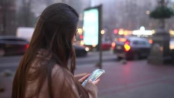 vrouw wandelen Aan bezig straat Bij avond video