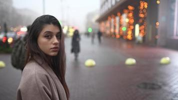 vrouw wandelen Aan bezig straat Bij avond video